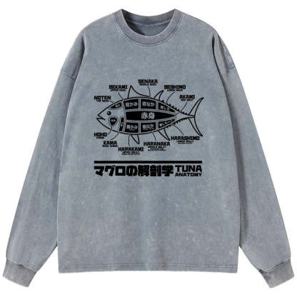 Tokyo-Tiger Tuna Dissection Map Japanese Washed Long Sleeve T-Shirt