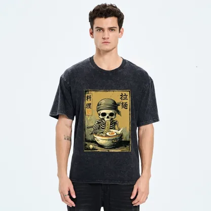 Tokyo‑Tiger Funny Skeleton Ramen Washed T‑Shirt