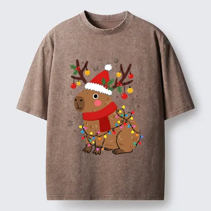 Tokyo-Tiger Cute Christmas Capybara Washed T-Shirt