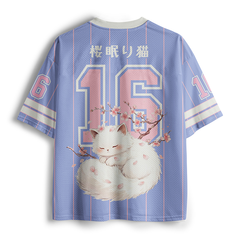 Tokyo-Tiger Sleepy White Cat Beneath Sakura Mesh Jersey