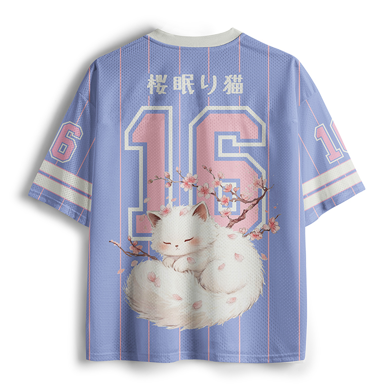 Tokyo-Tiger Sleepy White Cat Beneath Sakura Mesh Jersey