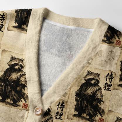 Tokyo-Tiger Retro Raccoon Samurai Ugly Cardigan Sweater