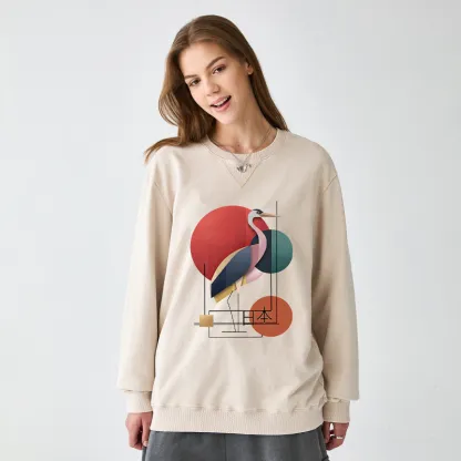 Tokyo-Tiger Geometric Crane Art Washed Terry Sweatshirt