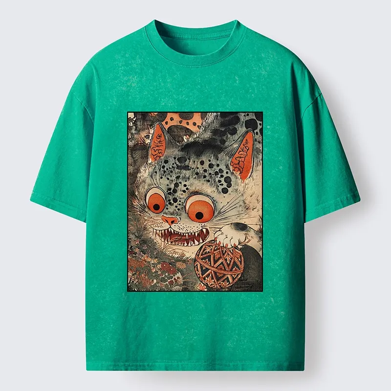 Tokyo‑Tiger Funny Yokai Cat Washed T‑Shirt
