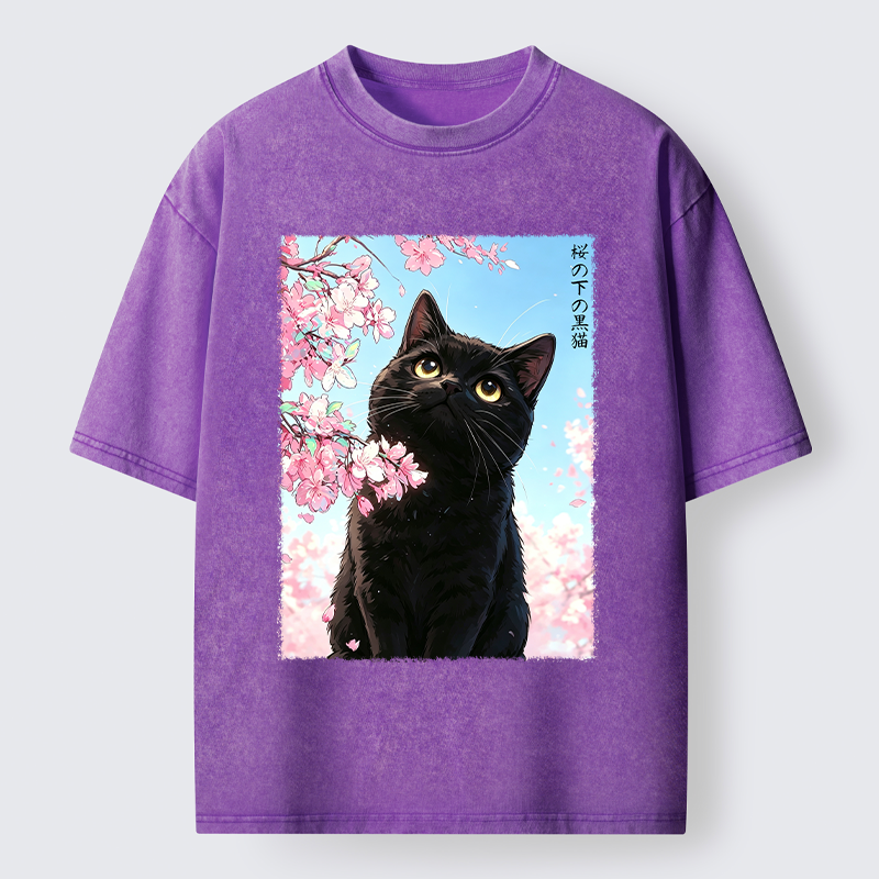 Tokyo-Tiger Japanese Sakura Black Cat Washed T-Shirt