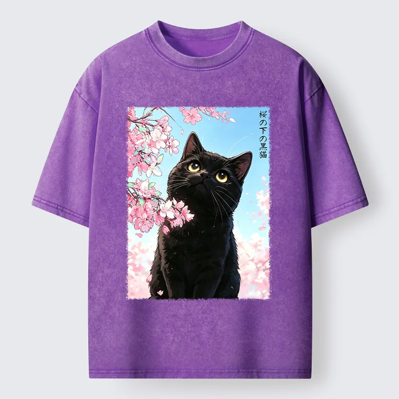 Tokyo-Tiger Japanese Sakura Black Cat Washed T-Shirt
