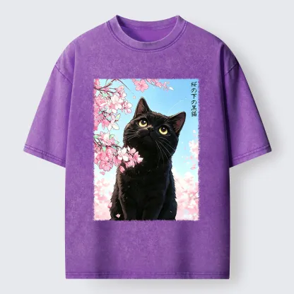 Tokyo-Tiger Japanese Sakura Black Cat Washed T-Shirt