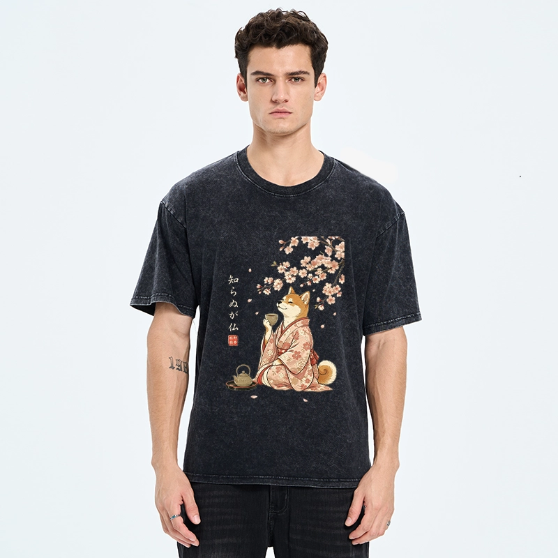 Tokyo-Tiger Japanese Kimono Shiba Tea Time Washed T-Shirt