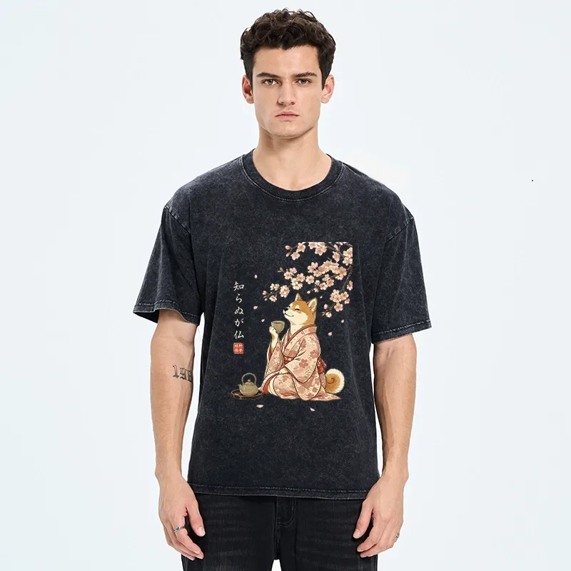 Tokyo-Tiger Japanese Kimono Shiba Tea Time Washed T-Shirt