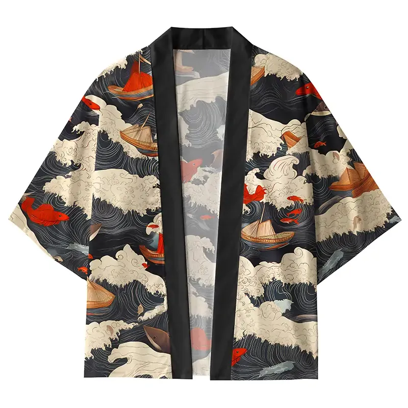 Tokyo-Tiger Waves And The Ship Kimono Cardigan