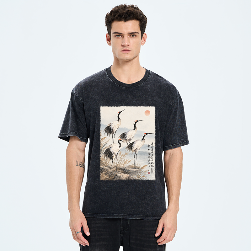 Tokyo-Tiger Vintage Oriental Crane Art Washed T-Shirt