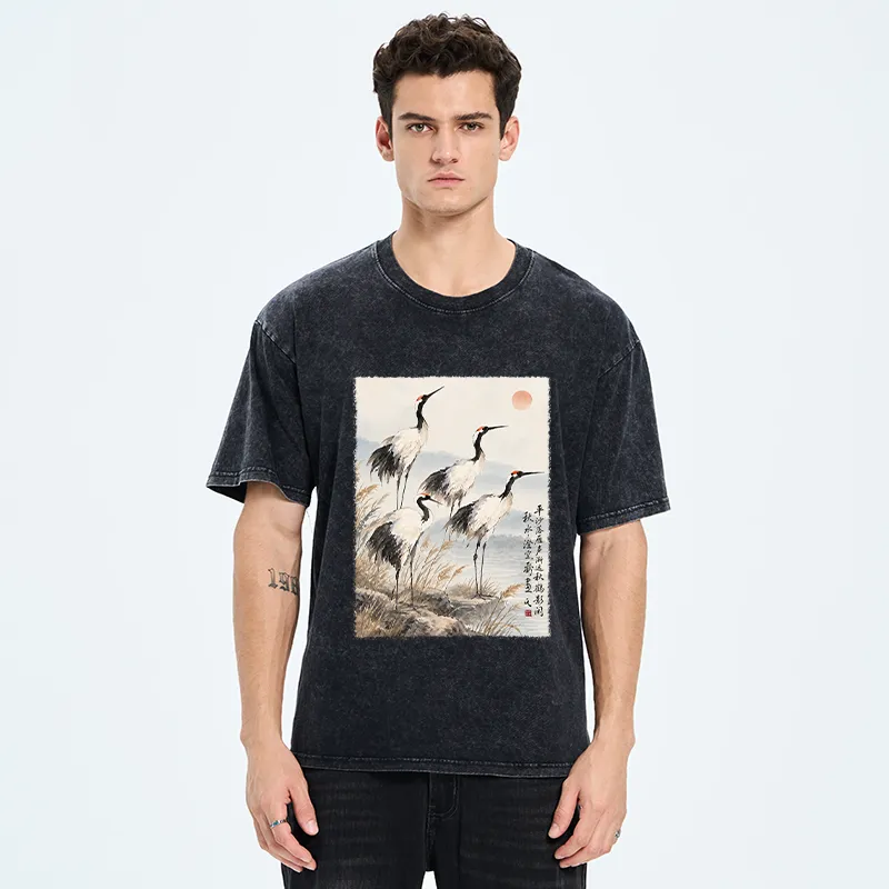Tokyo-Tiger Vintage Oriental Crane Art Washed T-Shirt
