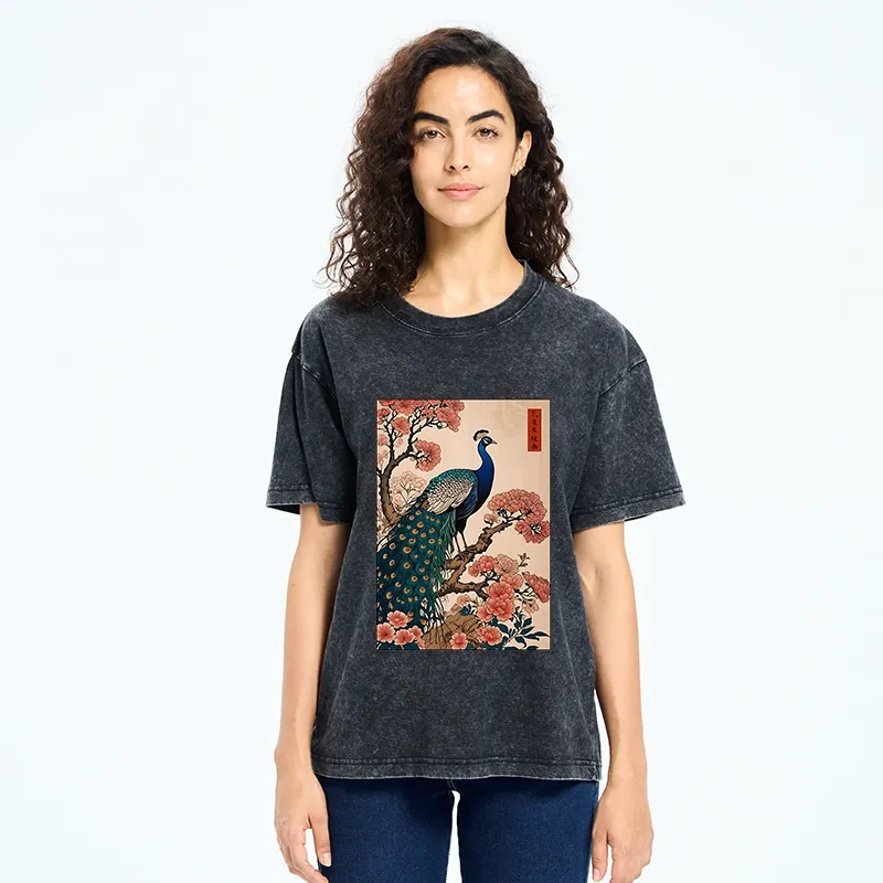 Tokyo-Tiger Vintage Peacock Woodblock Print Washed T-Shirt