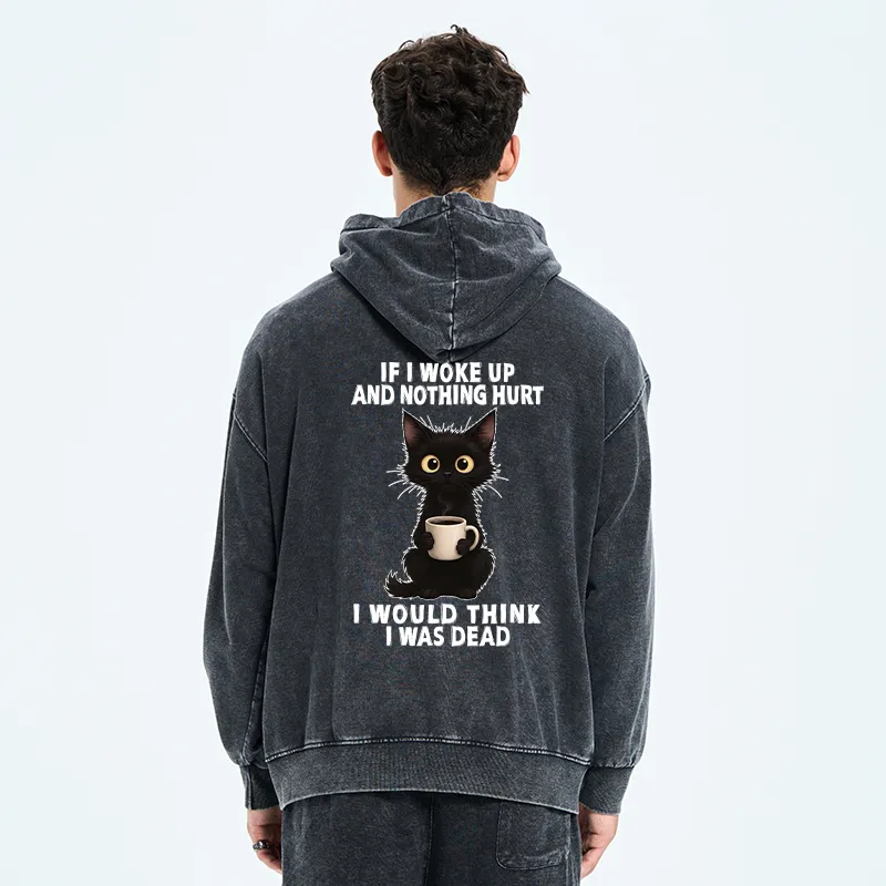 Tokyo-Tiger Funny Cute Black Cat And Coffee Meme Washed Zip Hoodie