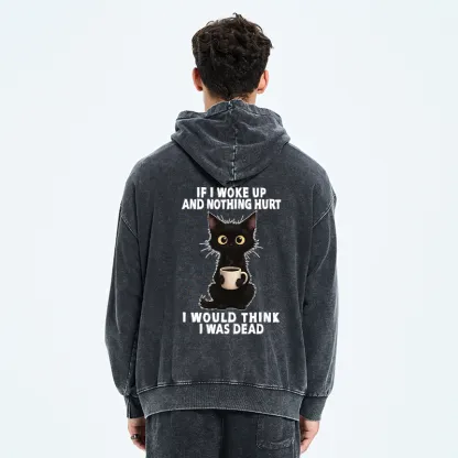 Tokyo-Tiger Funny Cute Black Cat And Coffee Meme Washed Zip Hoodie