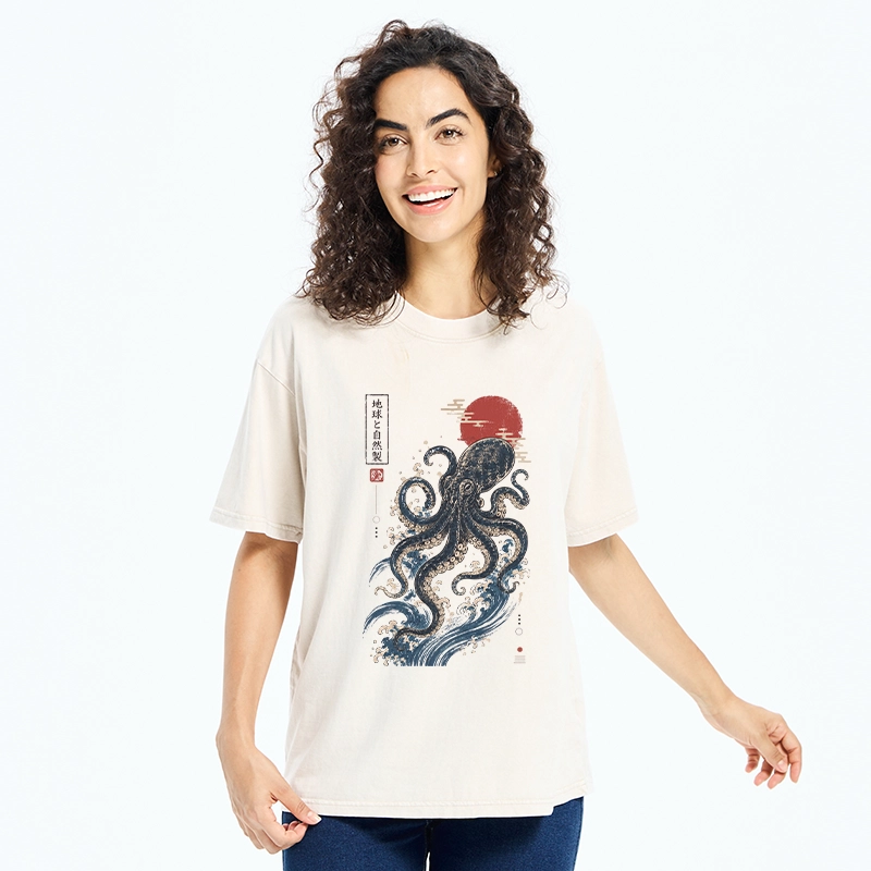 Tokyo-Tiger Traditional Japanese Wave Red Sun Octopus Washed T-Shirt