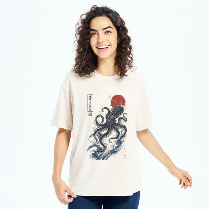 Tokyo-Tiger Traditional Japanese Wave Red Sun Octopus Washed T-Shirt