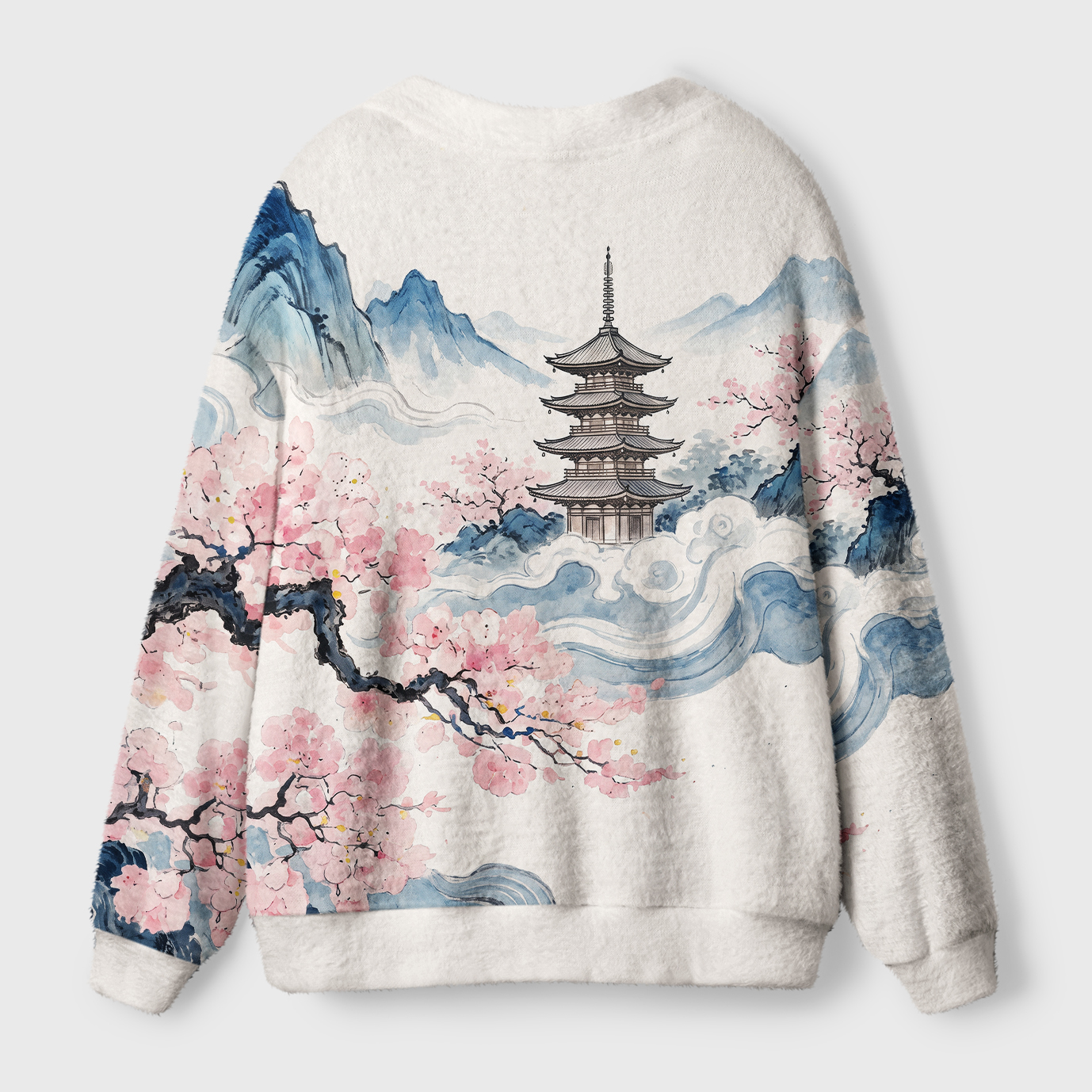 Tokyo-Tiger Japanese Pagoda Cherry Blossom Ink Landscape Ugly Cardigan Sweater