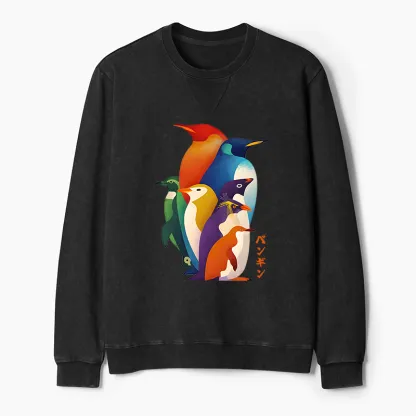 Tokyo-Tiger Cute Multi Tone Penguins Washed Terry Sweatshirt
