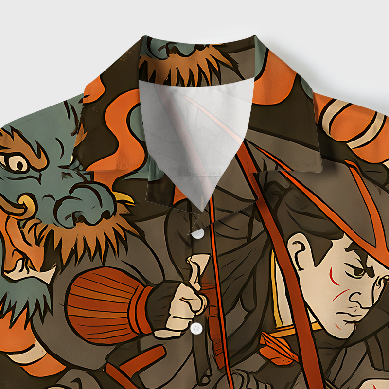 Tokyo-Tiger Brave Japanese Samurai Cuban Collar Shirt