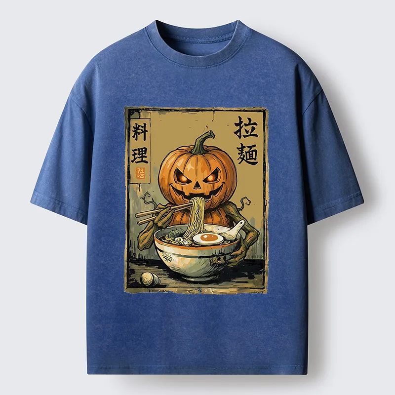 Tokyo‑Tiger Pumpkin Eating Ramen Washed T‑Shirt