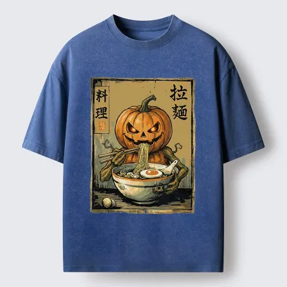 Tokyo‑Tiger Pumpkin Eating Ramen Washed T‑Shirt