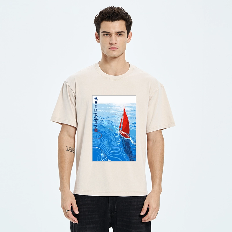 Tokyo-Tiger Bright Blue Sea Sail Journey Art Washed T-Shirt