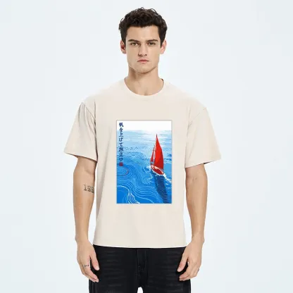 Tokyo-Tiger Bright Blue Sea Sail Journey Art Washed T-Shirt