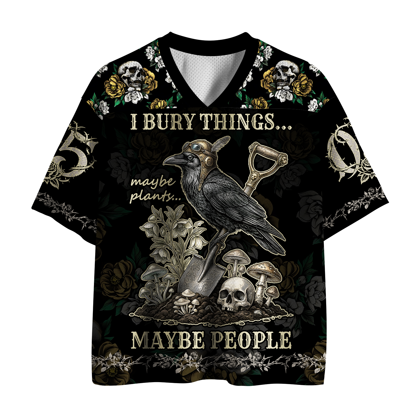Tokyo-Tiger "I Bury Things" Dark Humor Gardening Crow Mesh Jersey