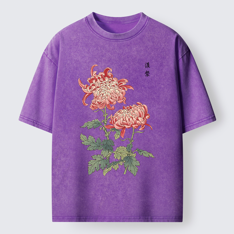 Tokyo-Tiger Vintage Red Chrysanthemum Flower Washed T-Shirt