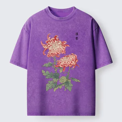 Tokyo-Tiger Vintage Red Chrysanthemum Flower Washed T-Shirt