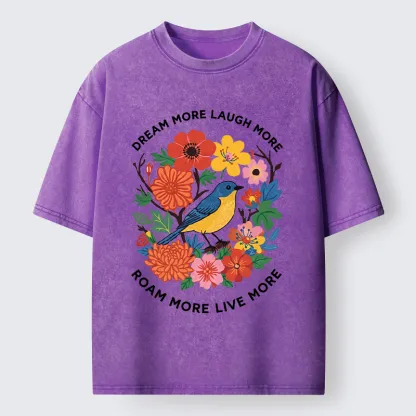 Tokyo-Tiger Vintage Bird Floral Quote Washed T-Shirt