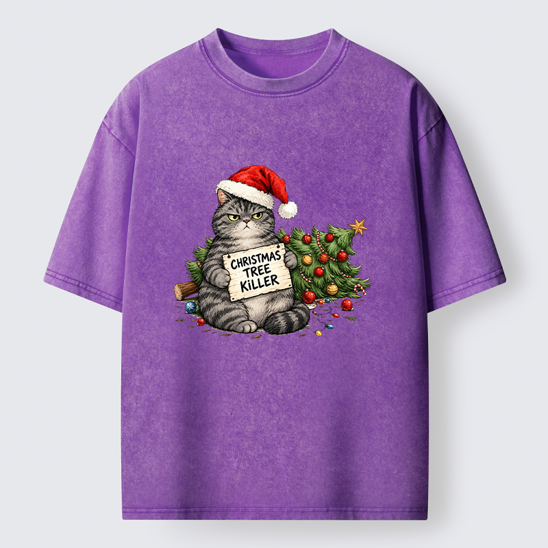 Tokyo-Tiger Playful Cat Messing With Christmas Tree Washed T-Shirt