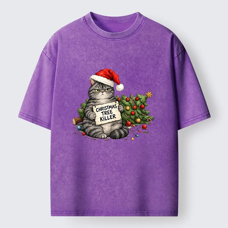 Tokyo-Tiger Playful Cat Messing With Christmas Tree Washed T-Shirt