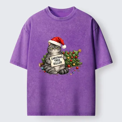 Tokyo-Tiger Playful Cat Messing With Christmas Tree Washed T-Shirt