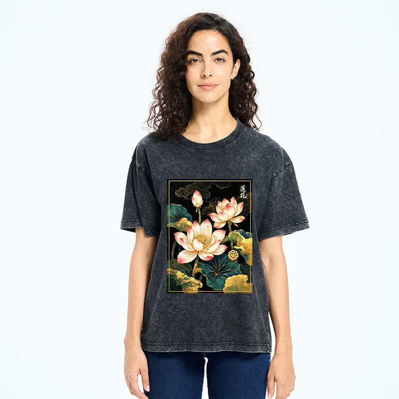 Tokyo-Tiger Oriental Lotus Print Washed T-Shirt