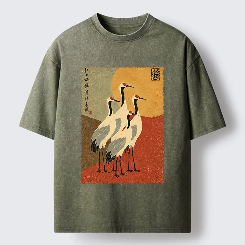 Tokyo-Tiger Oriental Crane Group Painting Washed T-Shirt