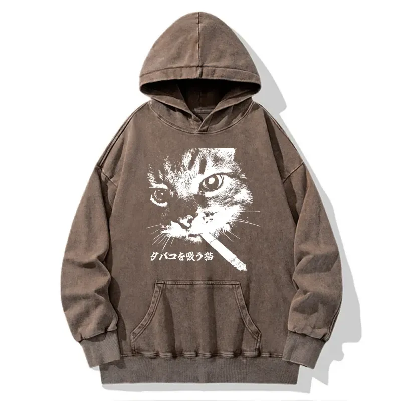 Tokyo-Tiger Retro Cat Smoking Washed Hoodie