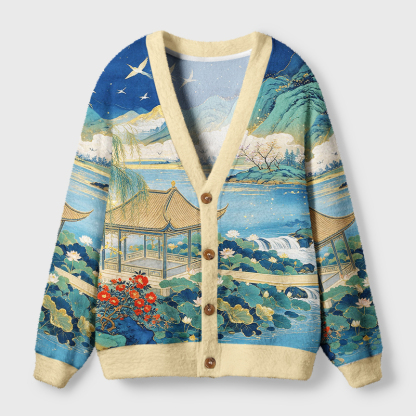 Tokyo-Tiger Vintage Oriental Blue Green Mountain Lake Scenery Ugly Cardigan Sweater