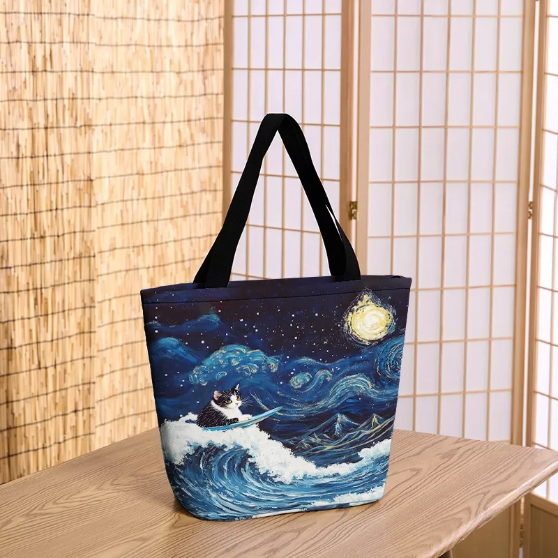 Tokyo-Tiger The Great Wave Off Cat Zipper Tote Bag