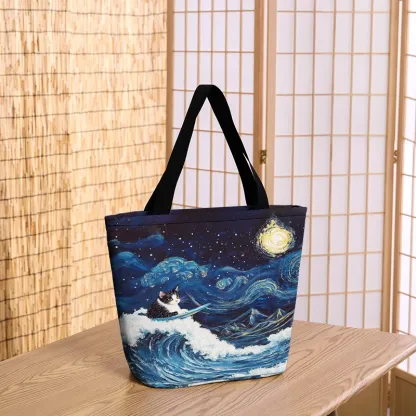 Tokyo-Tiger The Great Wave Off Cat Zipper Tote Bag