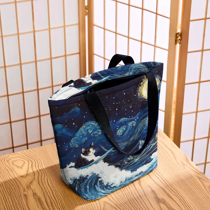 Tokyo-Tiger The Great Wave Off Cat Zipper Tote Bag