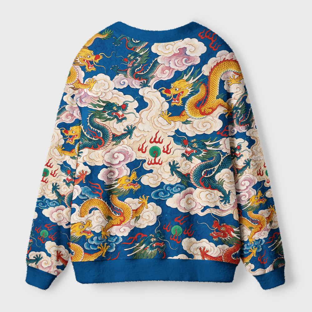 Tokyo-Tiger Celestial Dragons In Clouds Ugly Cardigan Sweater