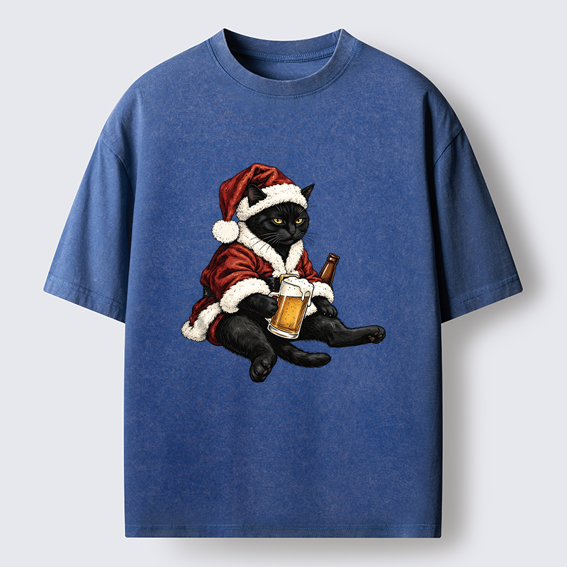 Tokyo-Tiger Chill Santa Black Cat Beer Time Washed T-Shirt