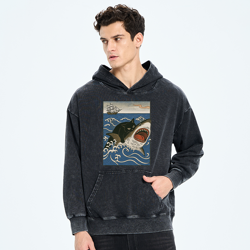 Tokyo-Tiger Cat Hunting Shark Washed Hoodie