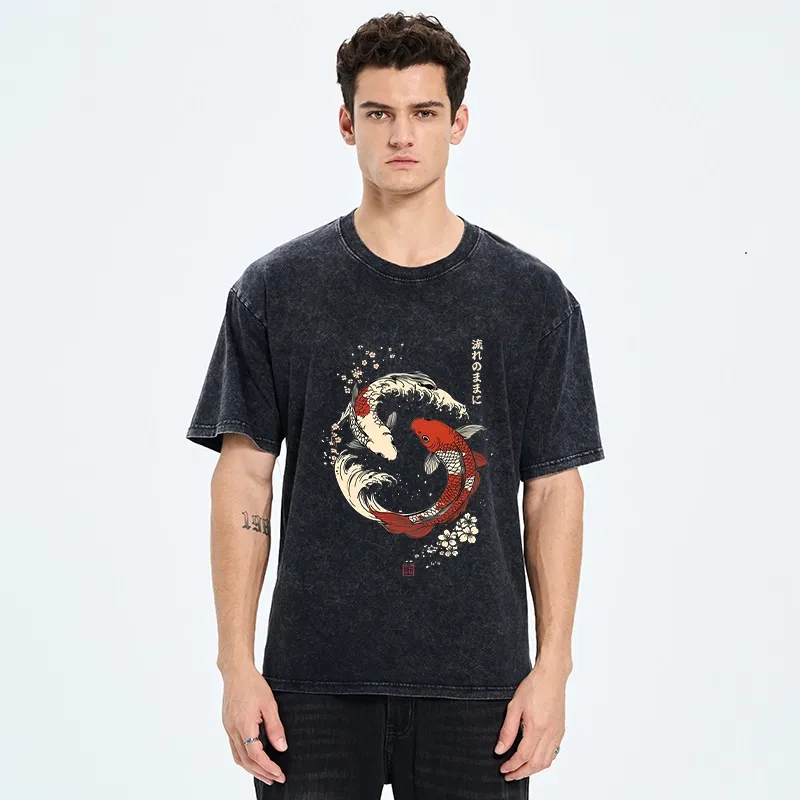 Tokyo-Tiger Elegant Koi Fish And Sakura Washed T-Shirt