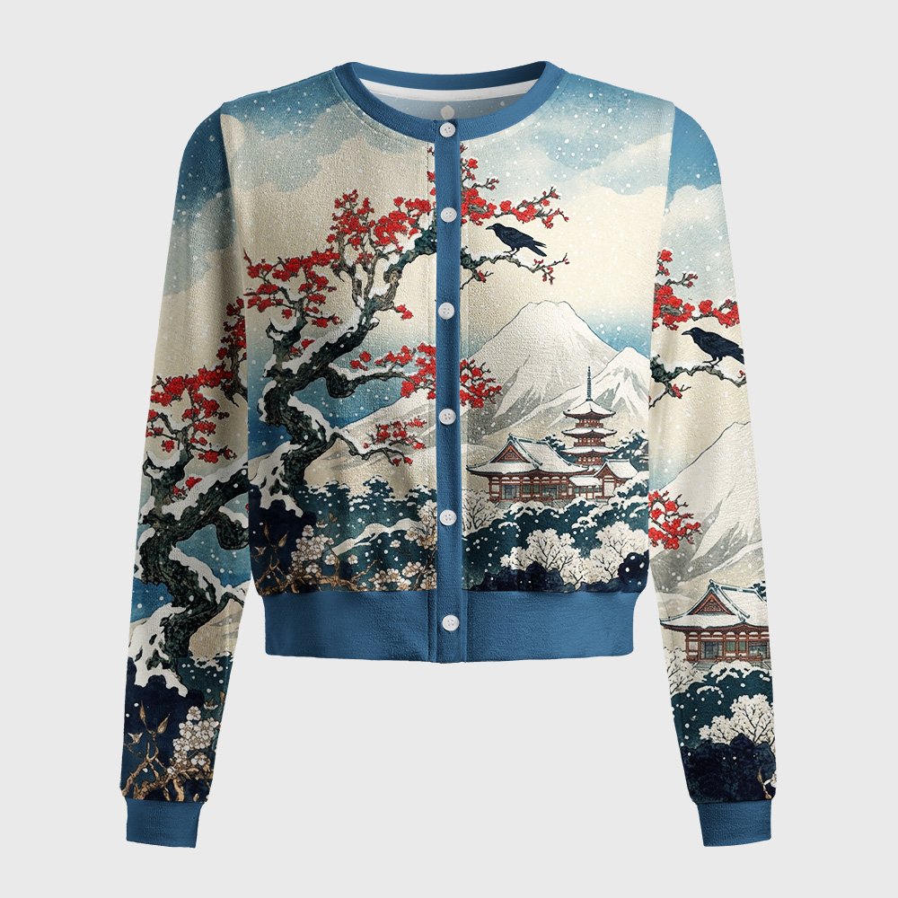 Tokyo-Tiger Crow Snow Ancient Temple Women's Fuzzy Cropped Sweatshirt