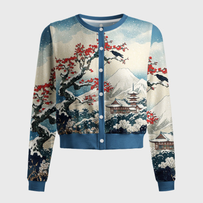 Tokyo-Tiger Crow Snow Ancient Temple Women's Fuzzy Cropped Sweatshirt