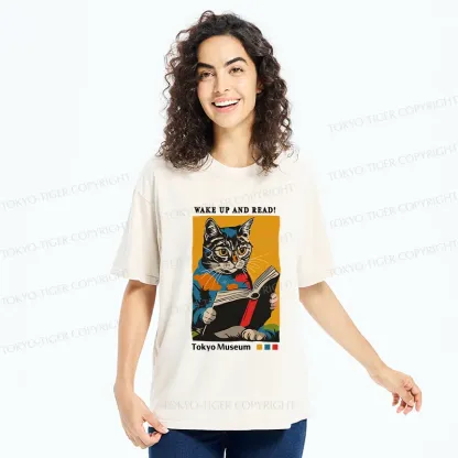 Tokyo-Tiger Cat Reading Washed T-Shirt