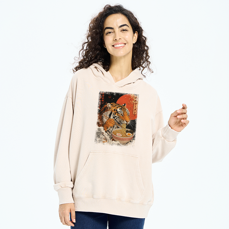 Tokyo-Tiger Ukiyoe Japan Tiger Eating Ramen Washed Hoodie